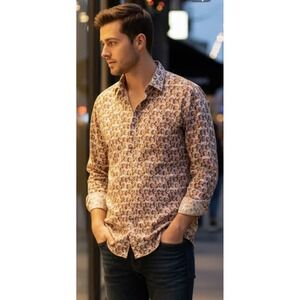 Luchiano Visconti Black Mens M Multi Circle Print Seersucker Button Down Shirt